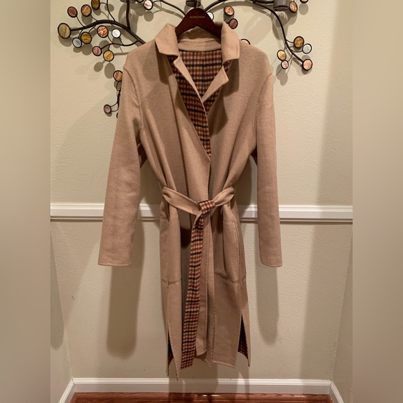 NWT Banana Republic Reversible Coat: Brown Plaid & Camel, Open, Tie Belt, Large - Picture 4 of 16